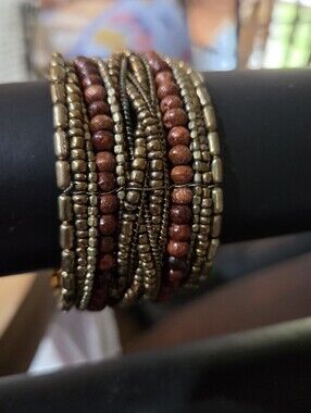 Brown Wood & Gold Beaded Wrap Bracelet